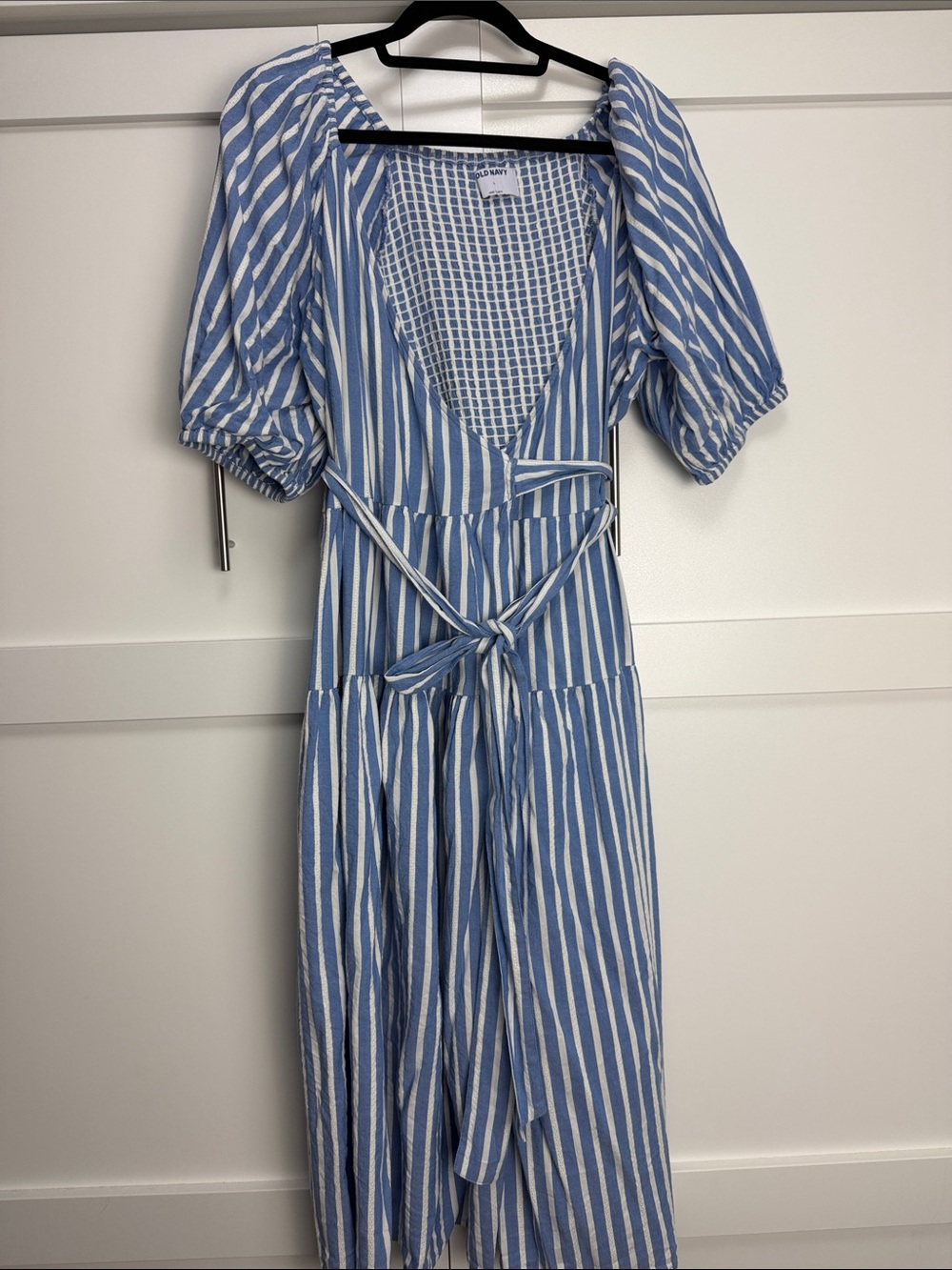 Light Blue & White Striped Wrap Midi Dress
